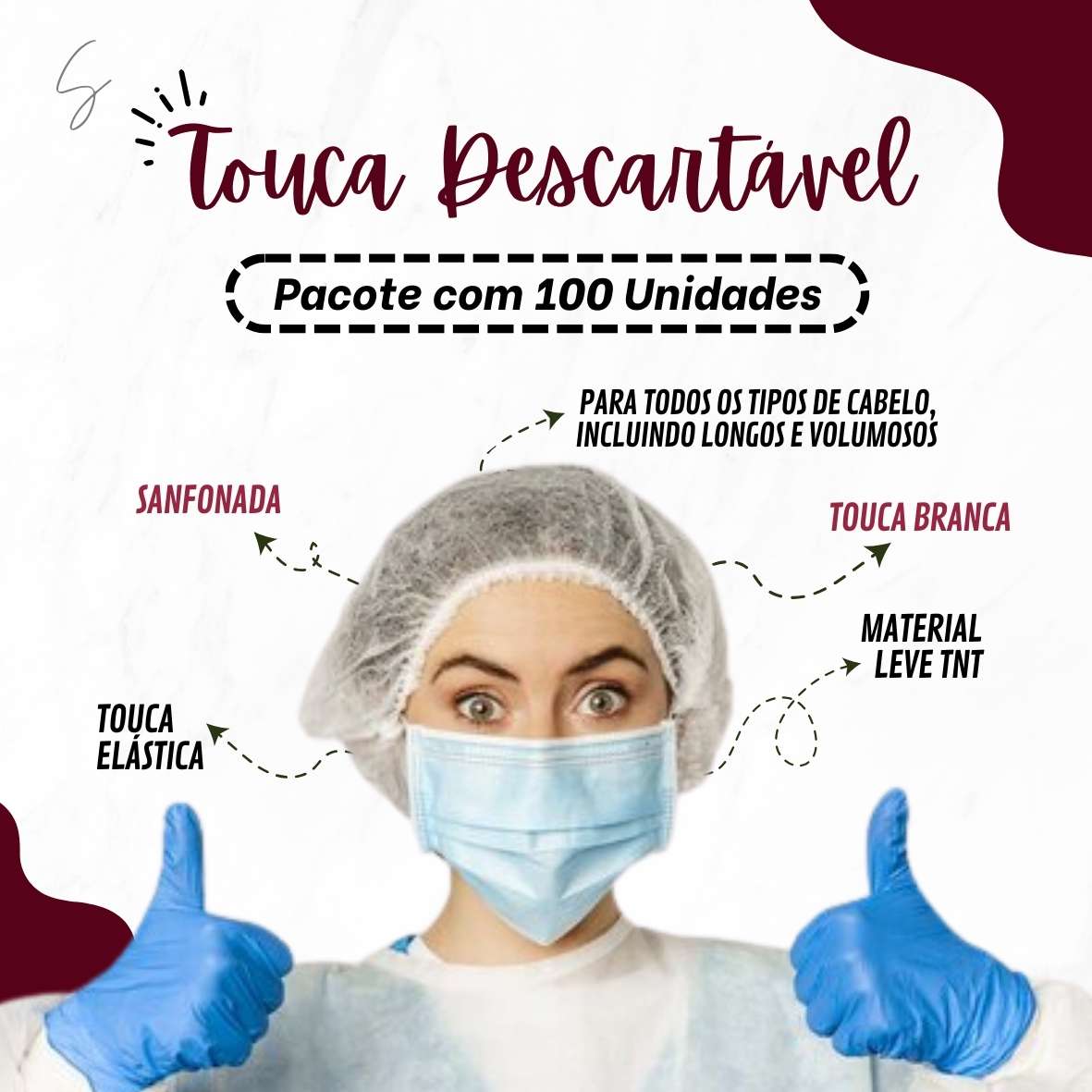 100 Unid. Touca Descartável Branca Tnt C/ Elástico Vabene