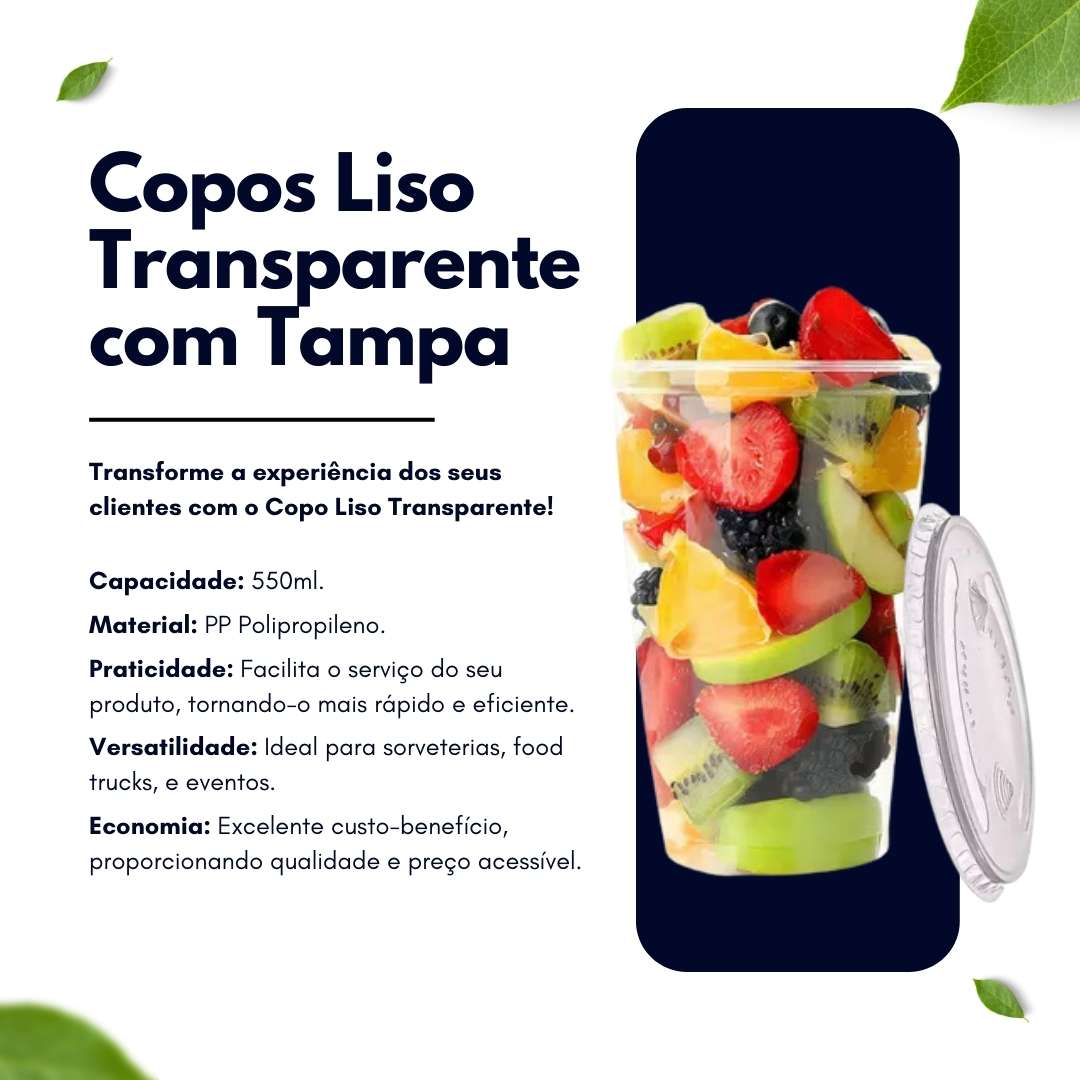 Kit Copo Liso 550ml com Tampa 50 Unidades Cada