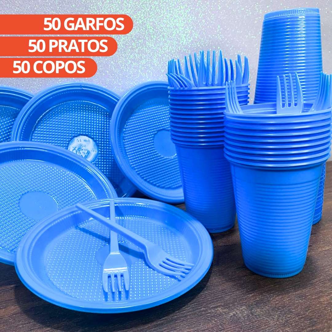 Kit Festa Azul Descartáveis Para 50 Pessoas 150 Itens