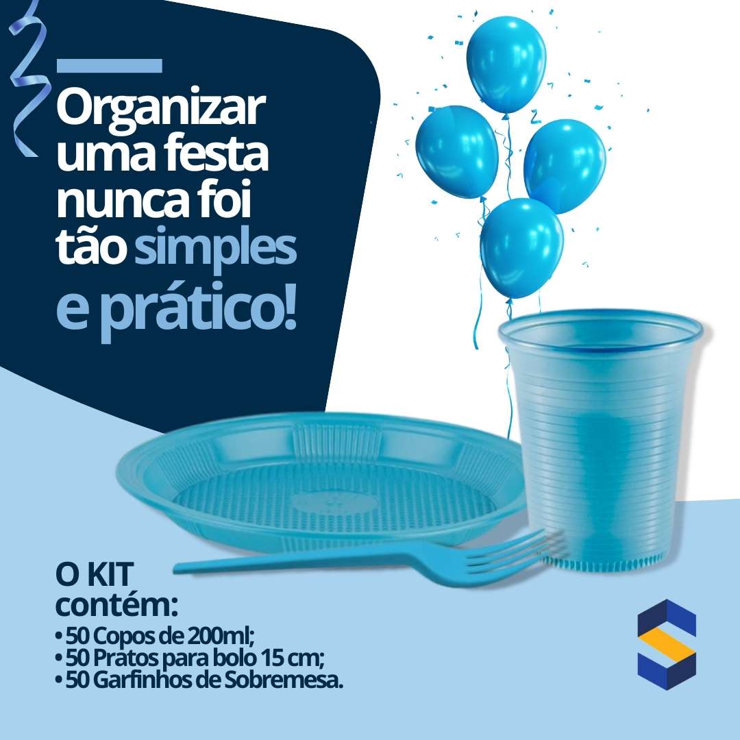 Kit Festa Azul Descartáveis Para 50 Pessoas 150 Itens