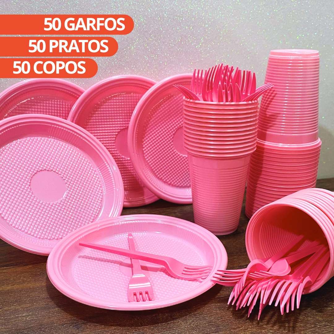 KIT FESTA ROSA DESCARTAVEIS P/50 PESSOAS 150 ITENS