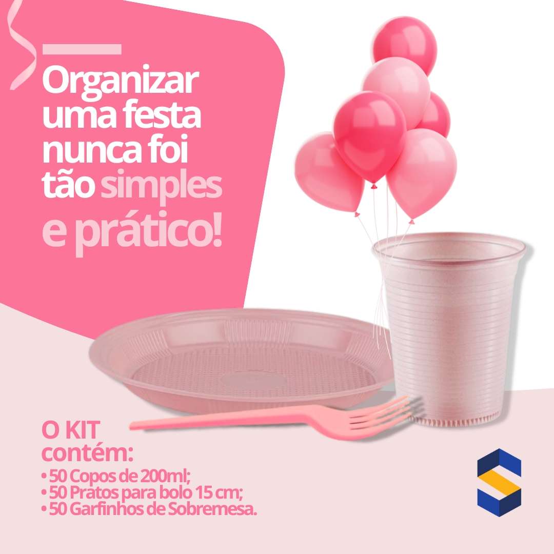 KIT FESTA ROSA DESCARTAVEIS P/50 PESSOAS 150 ITENS