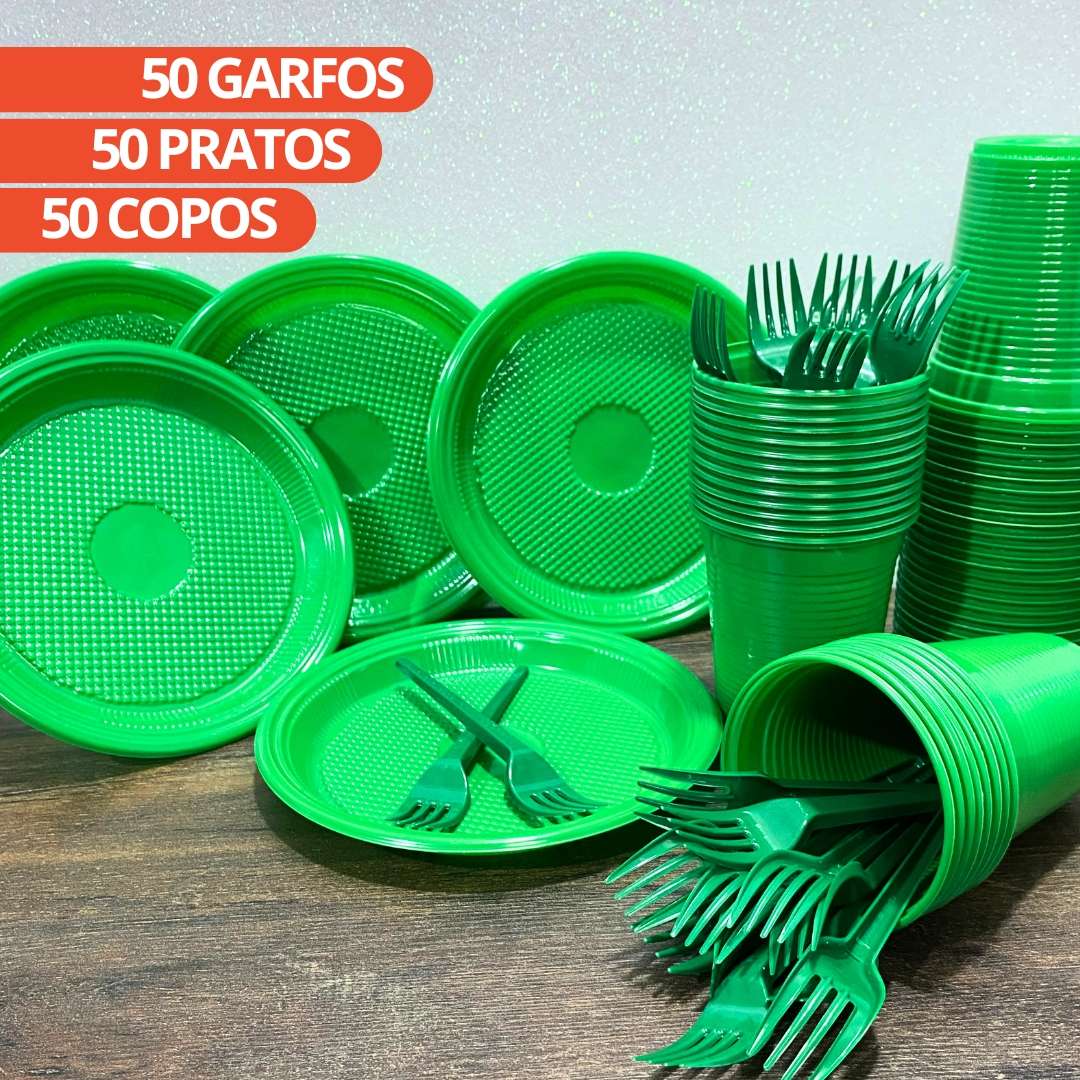 Kit Festa Verde Descartáveis Para 50 Pessoas 150 Itens